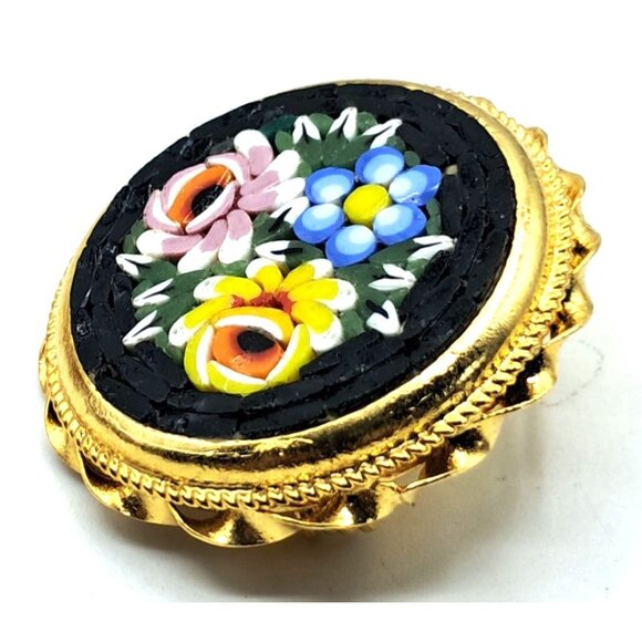 Vintage Italy Mosaic Brooch Floral Multi Colored Tesserae Gold Tone Circle Pin C - Picture 3 of 10